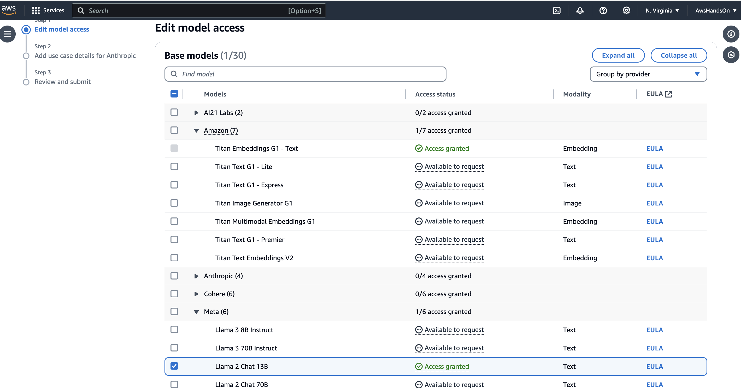 AWS bedrock console