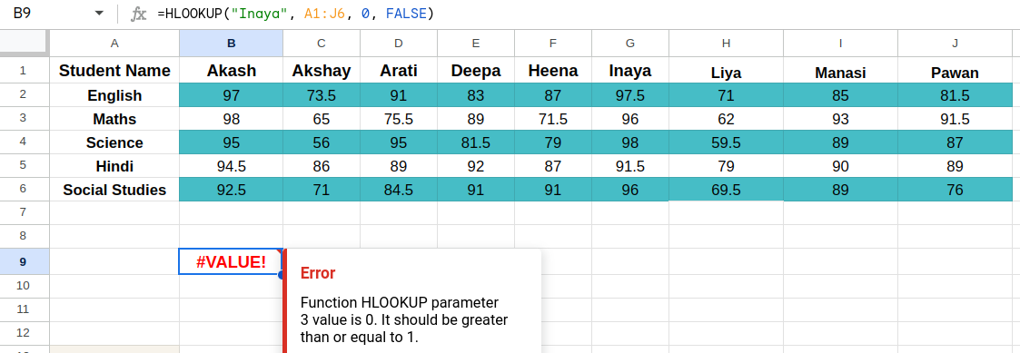 #VALUE! error in HLOOKUP function in Excel and Google Sheets