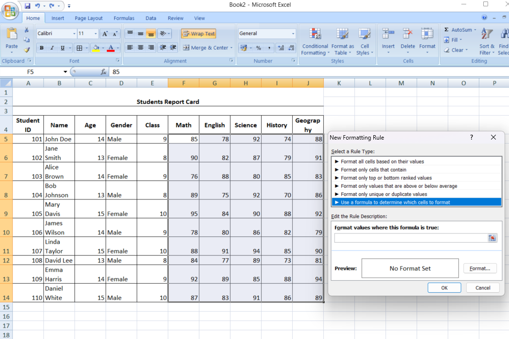 Using formulas for custom formatting