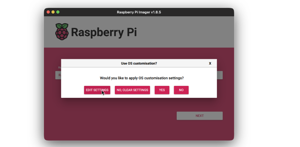 Click on next. You’ll be prompted to edit the settings for new device. We will be setting the Raspberry Pi for headless development, via SSH.