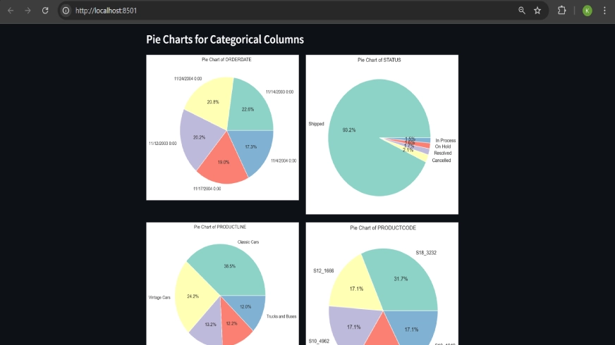 pie charts for categorial columns