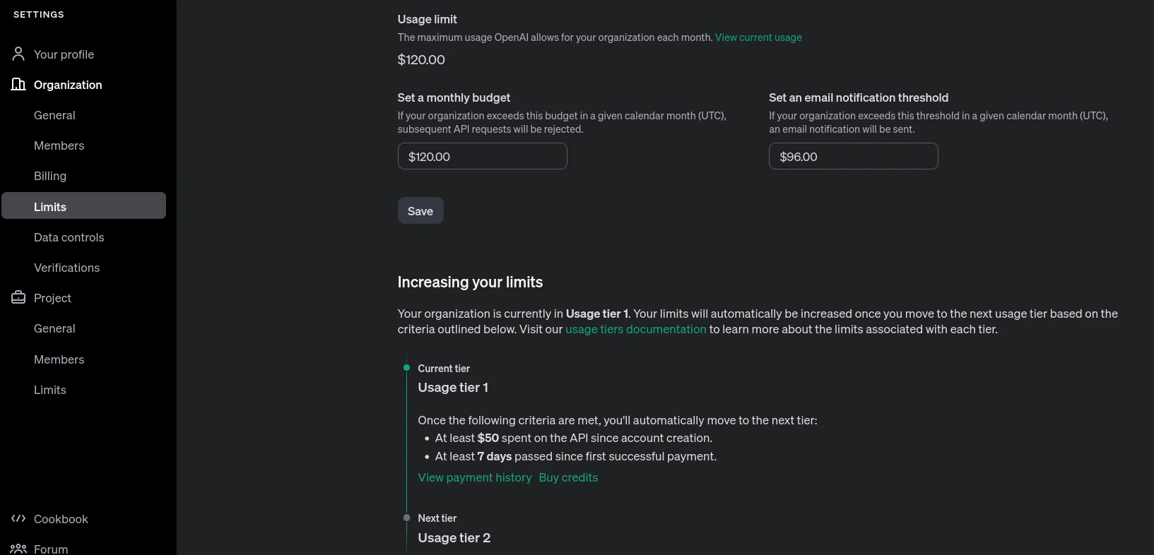 Cost Limits - Organization : OpenAI API Key