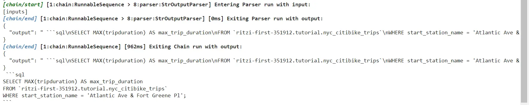 Final SQL query output