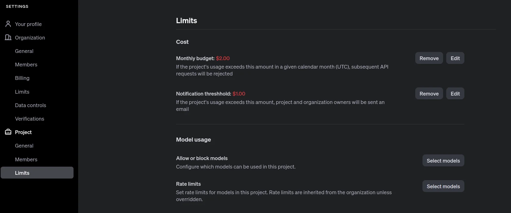Limits - Project: OpenAI API Key
