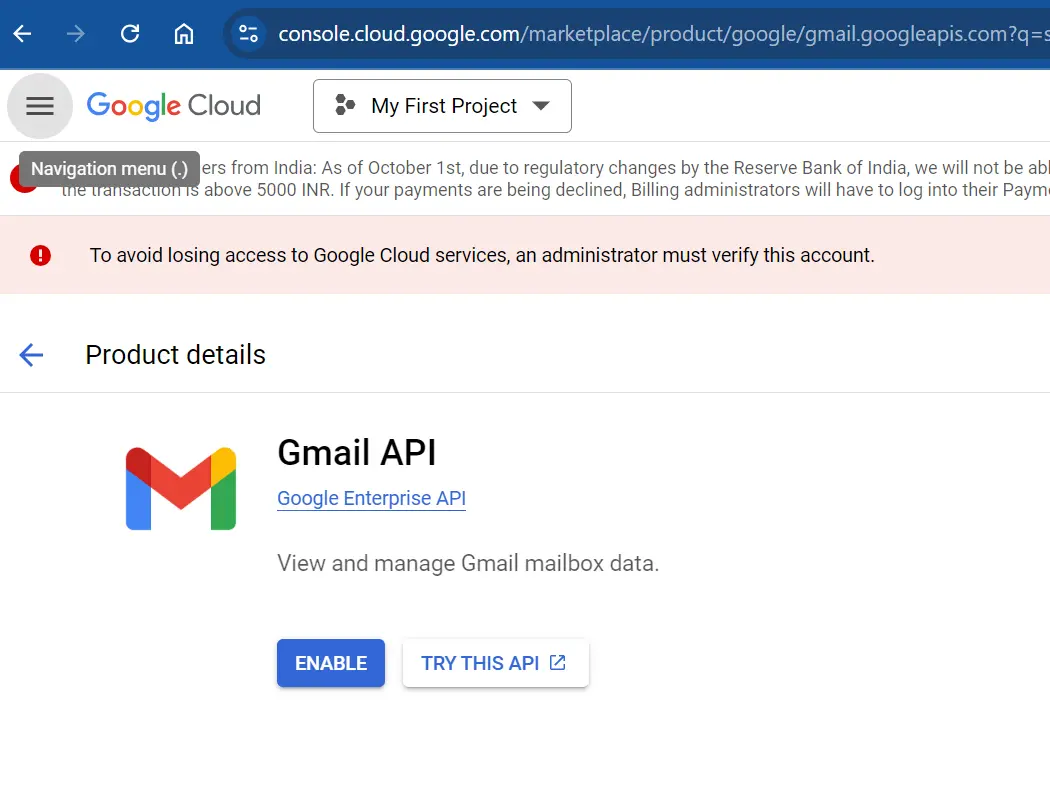 Enabling the Gmail API