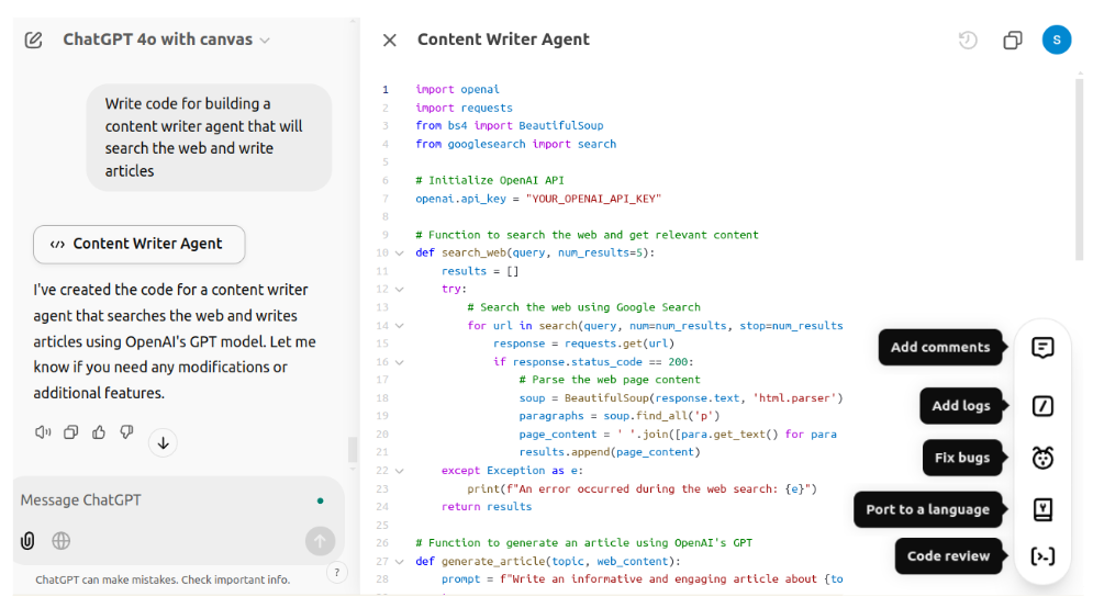 Code generation and editing on GPT 4o with Canvas