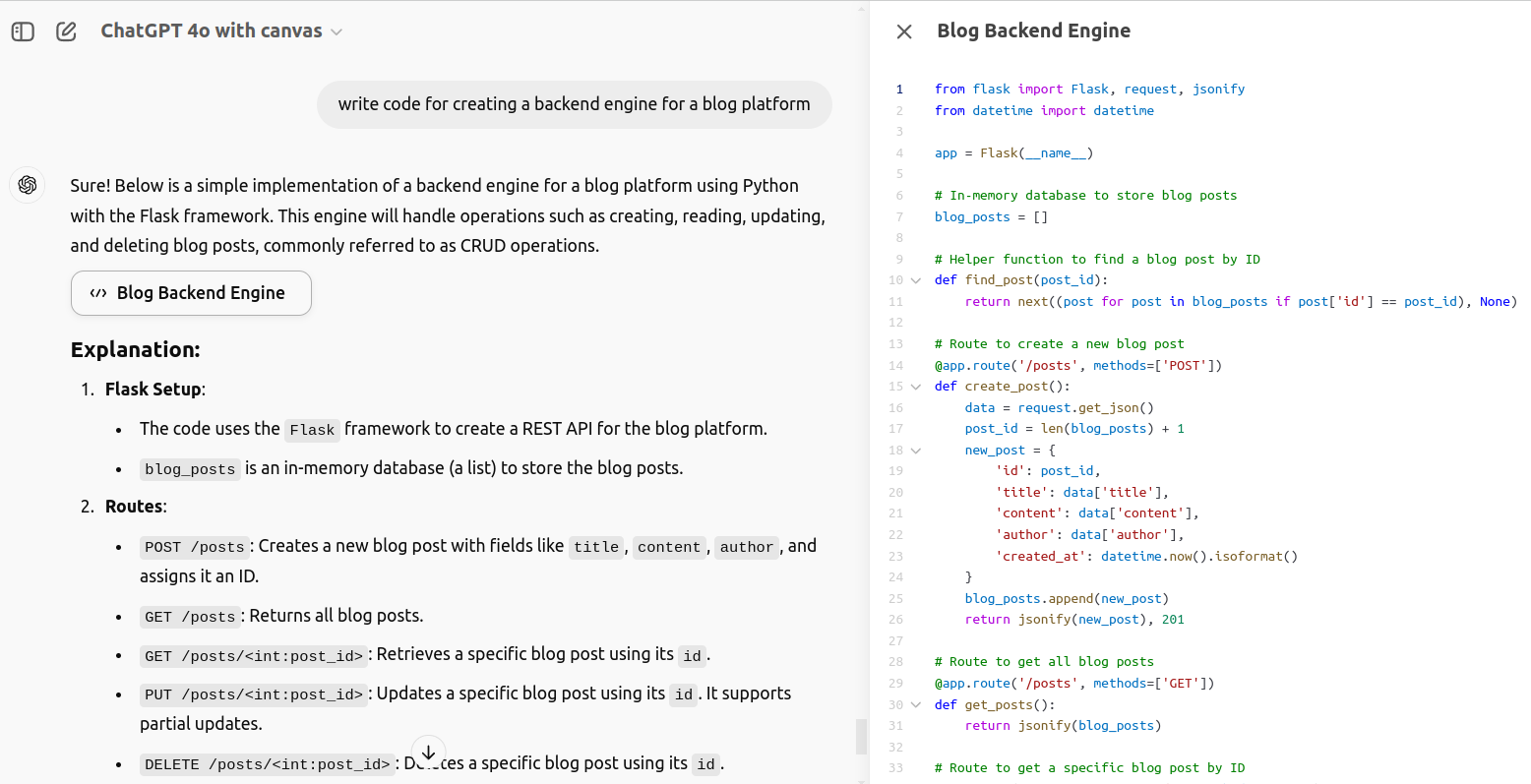 code generation using ChatGPT 4o