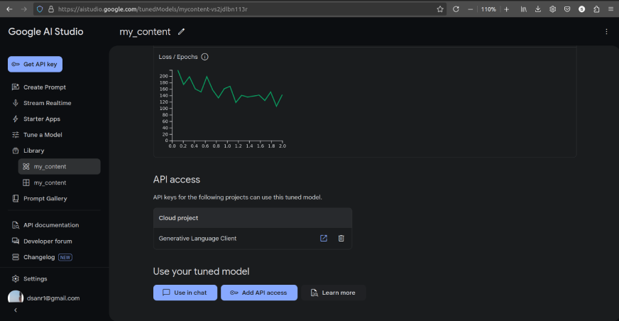 Results of finetuned LLM on Google AI Studio