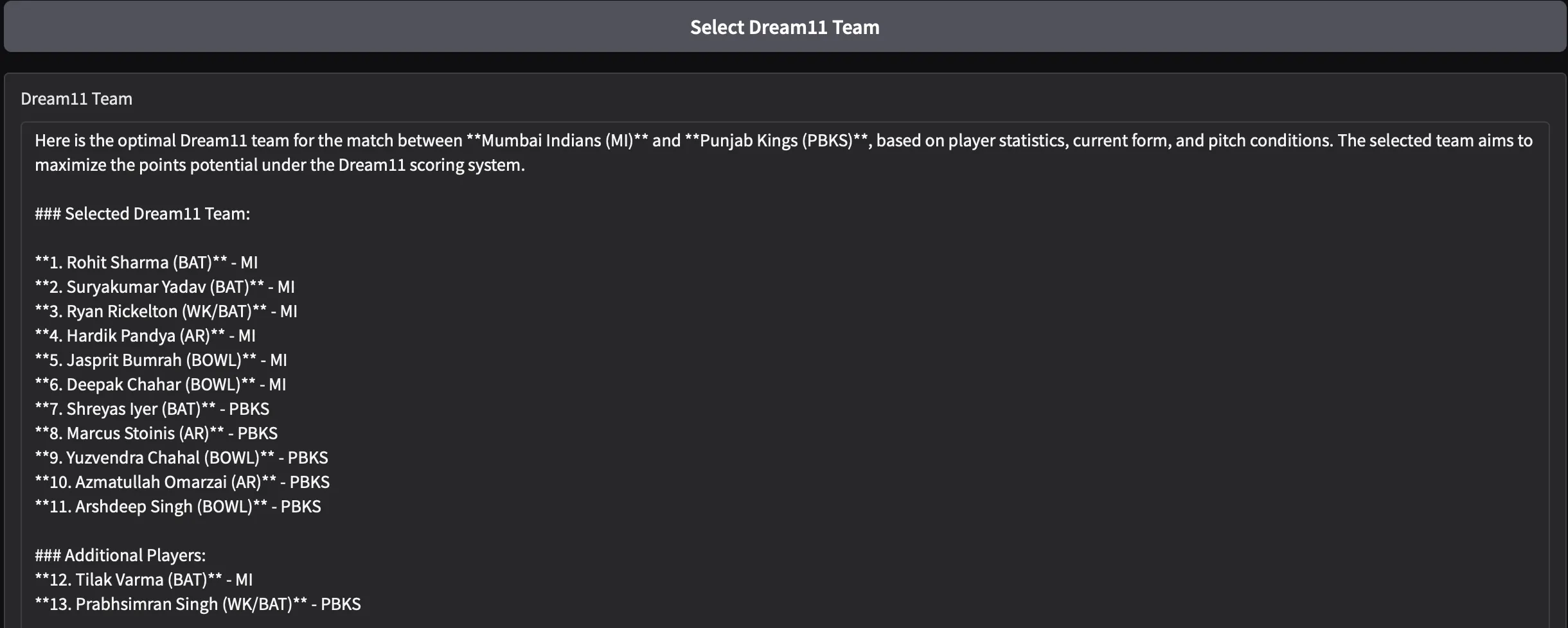 Dream11 Team by Agent