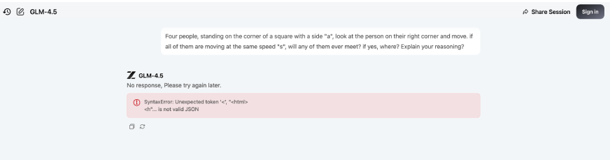 GLM 4.5 reasoning response (failure)