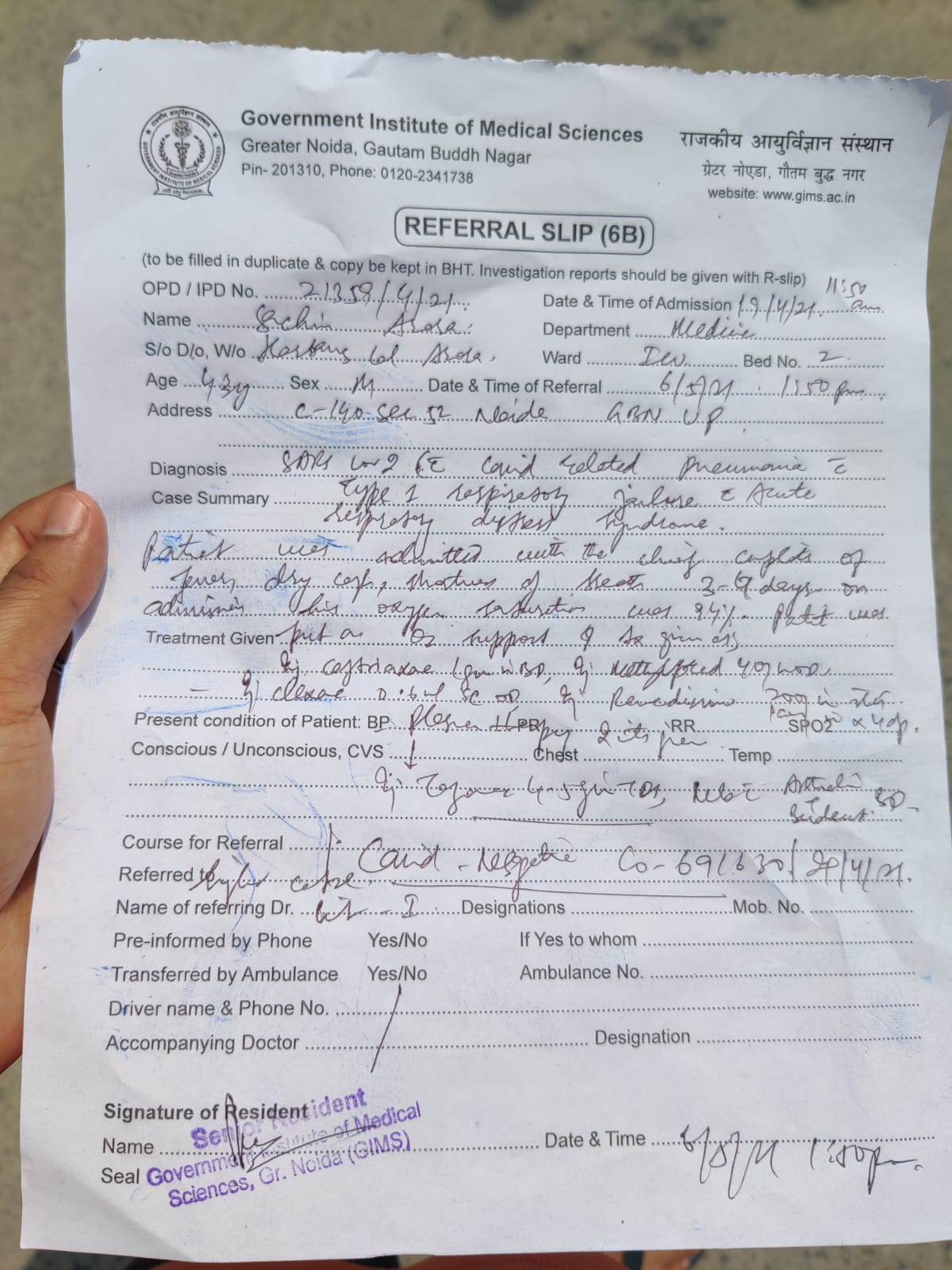 Referral slip used as the input image