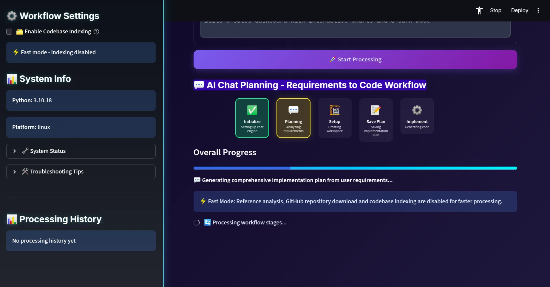 Generating comprehensive implementation plan for user requirements