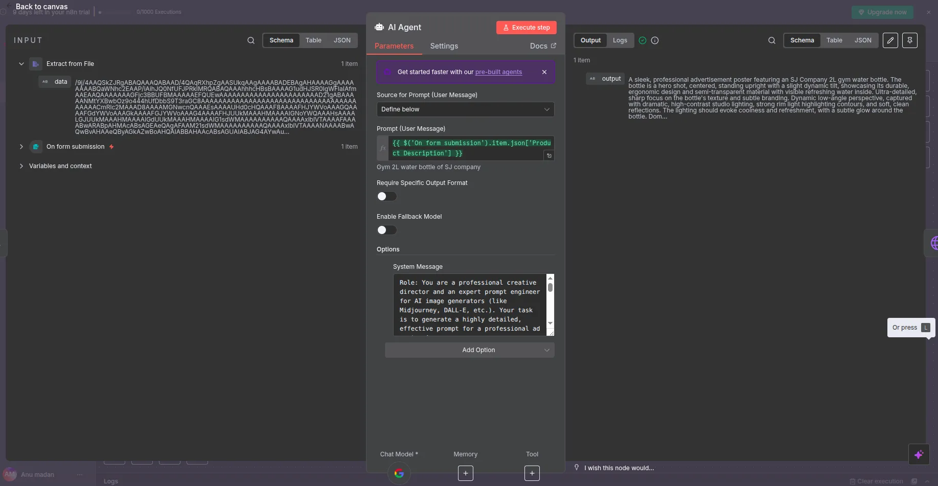 AI Agent node for prompt generation