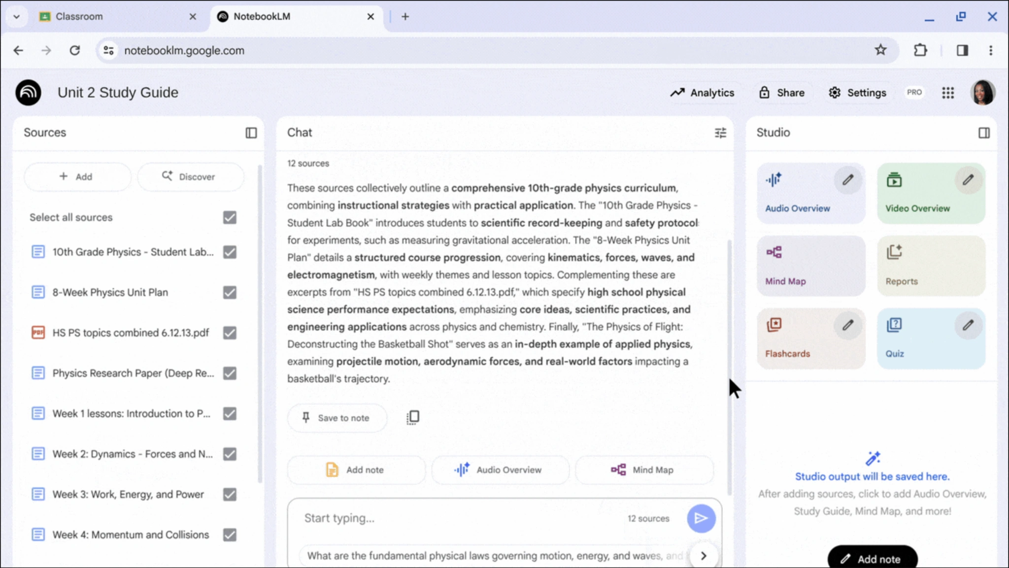 NotebookLM interface inside Google Classroom