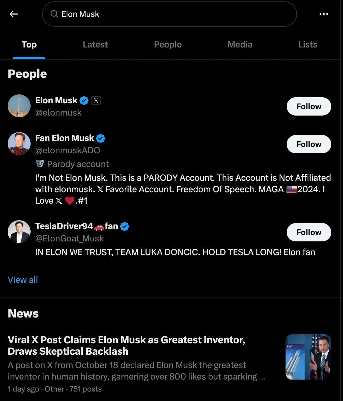 X results on Elon Musk