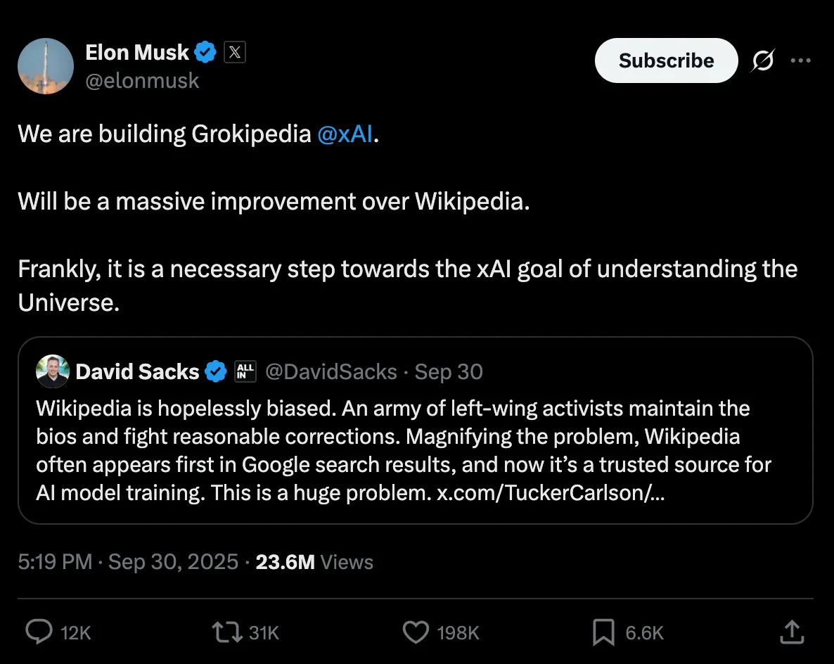 Grokipedia reveal tweet