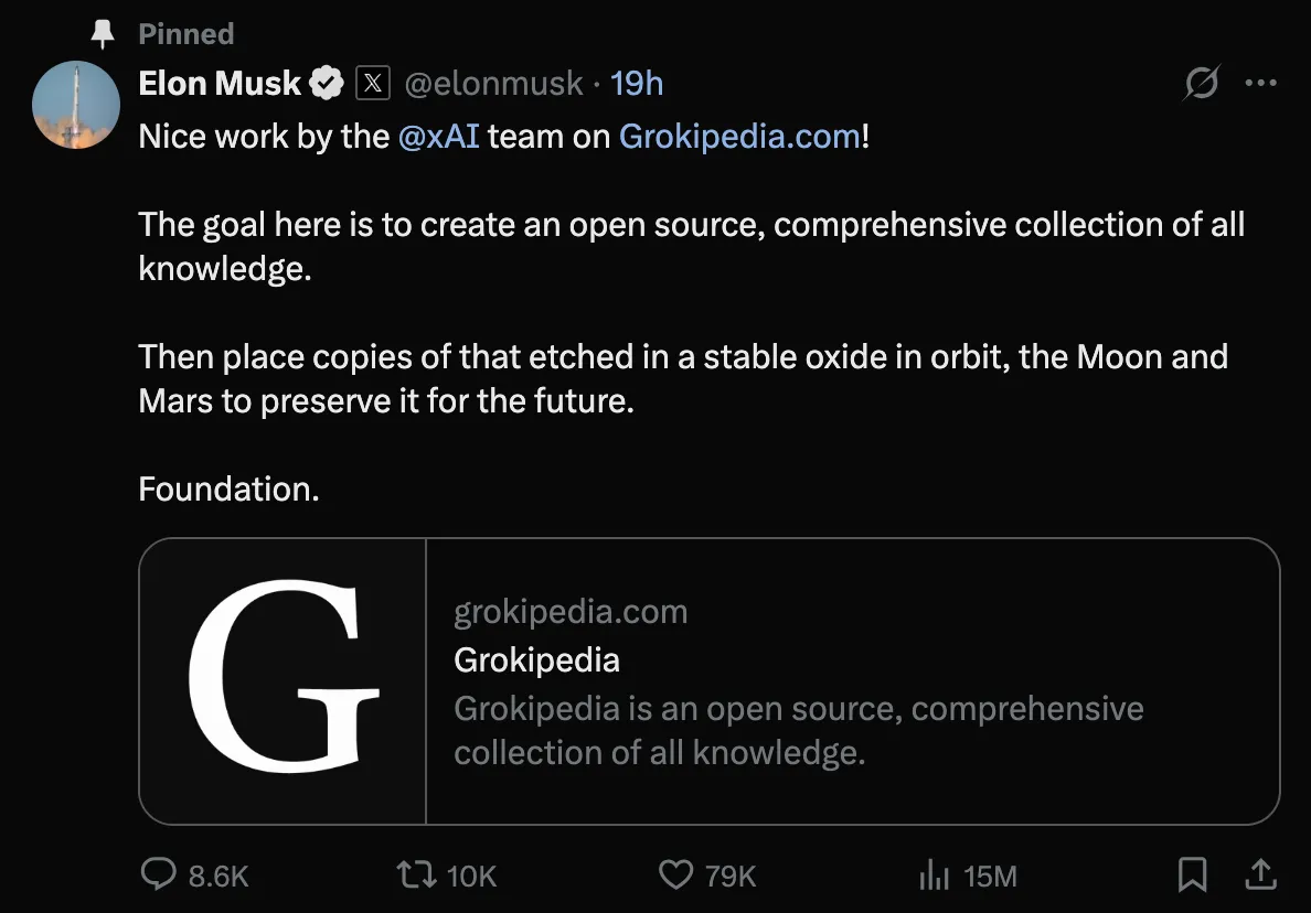 Elon Musk's tweet announcing Grokipedia's release