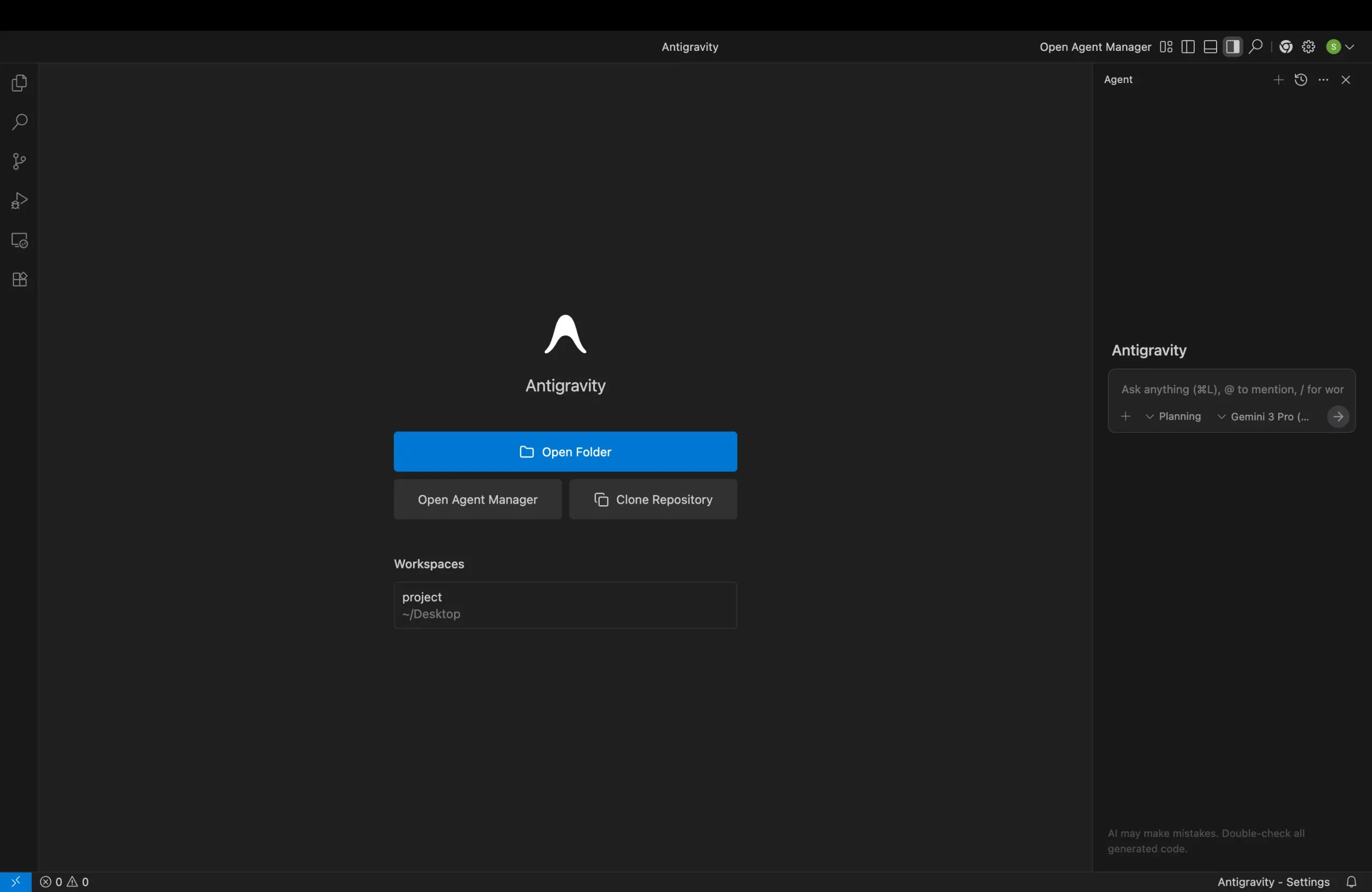 Google Antigravity app home