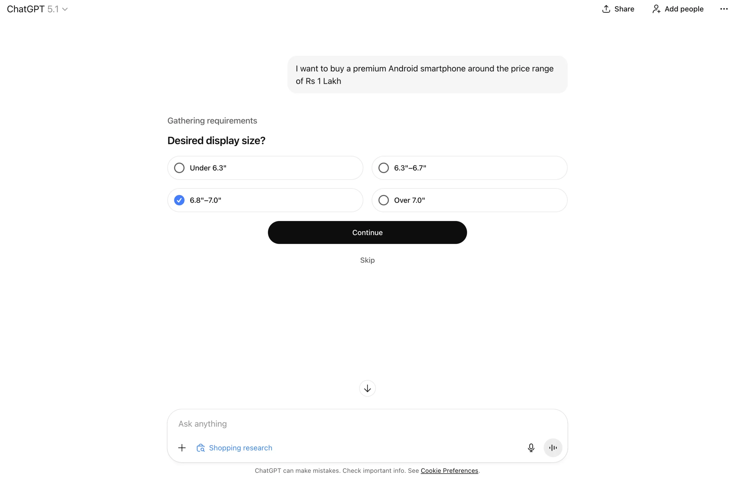 Ricerca sugli acquisti ChatGPT: raccolta dei requisiti