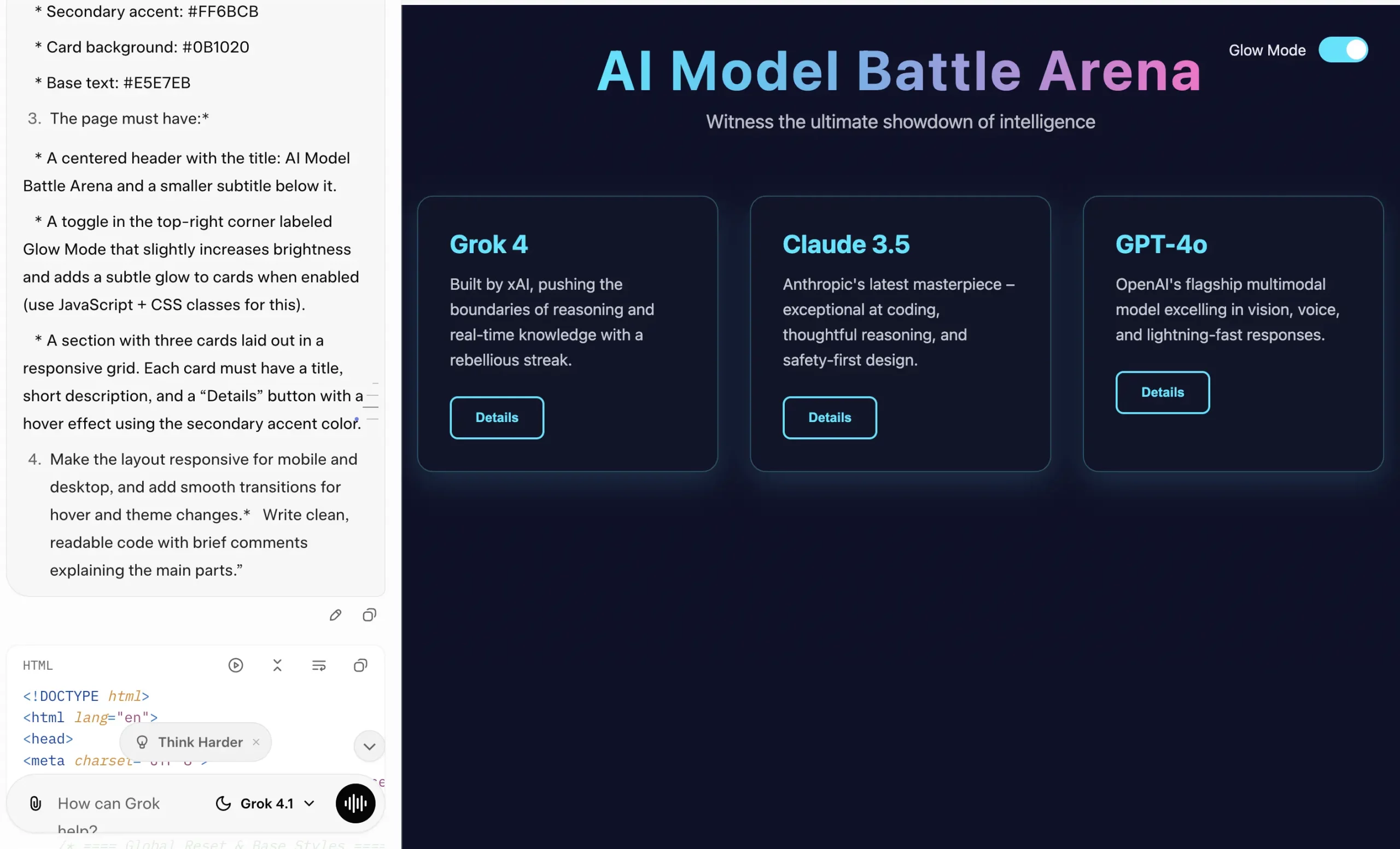 Grok 4.1 coding test output