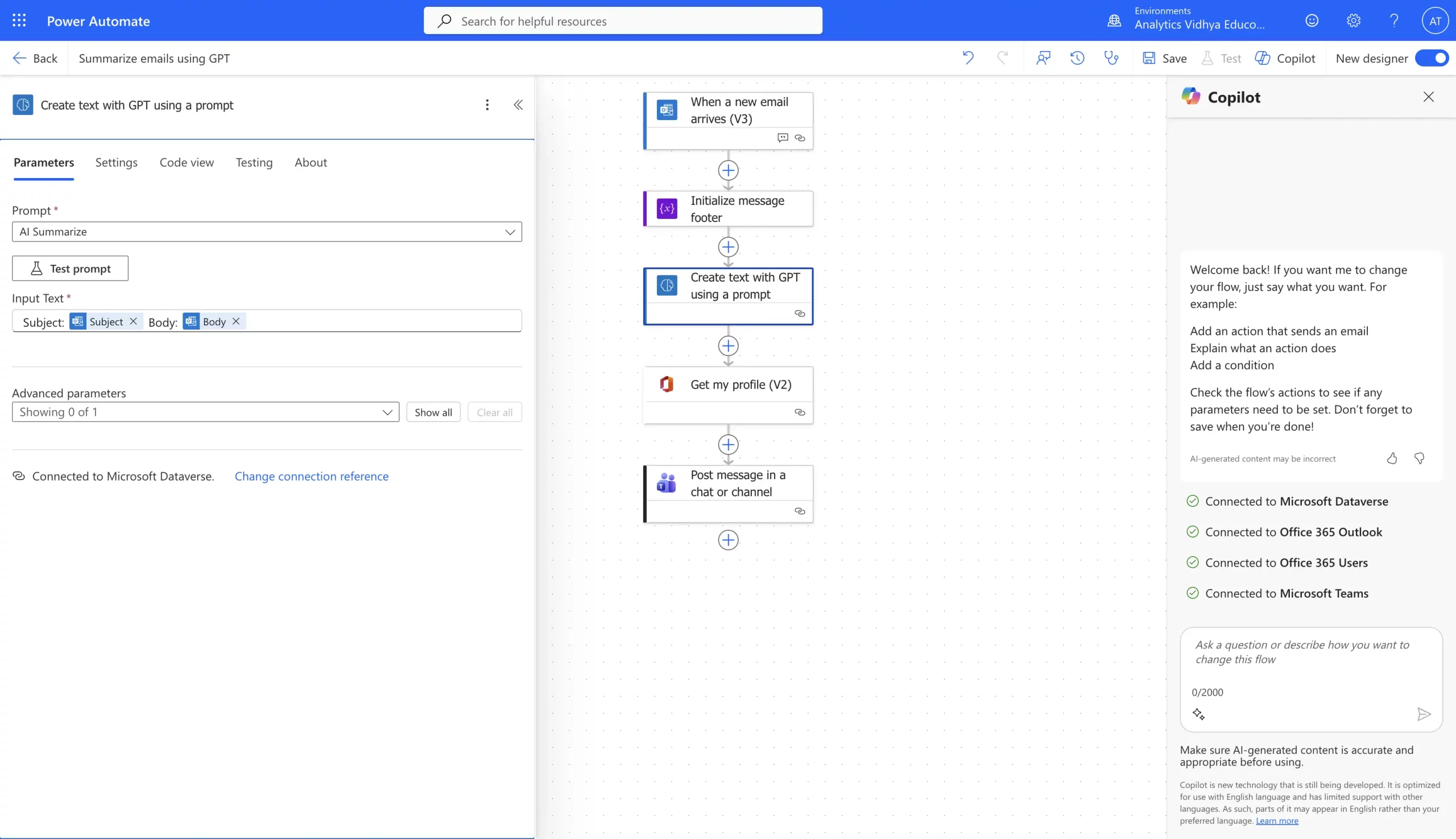 finalise parameters | Microsoft Power Automate