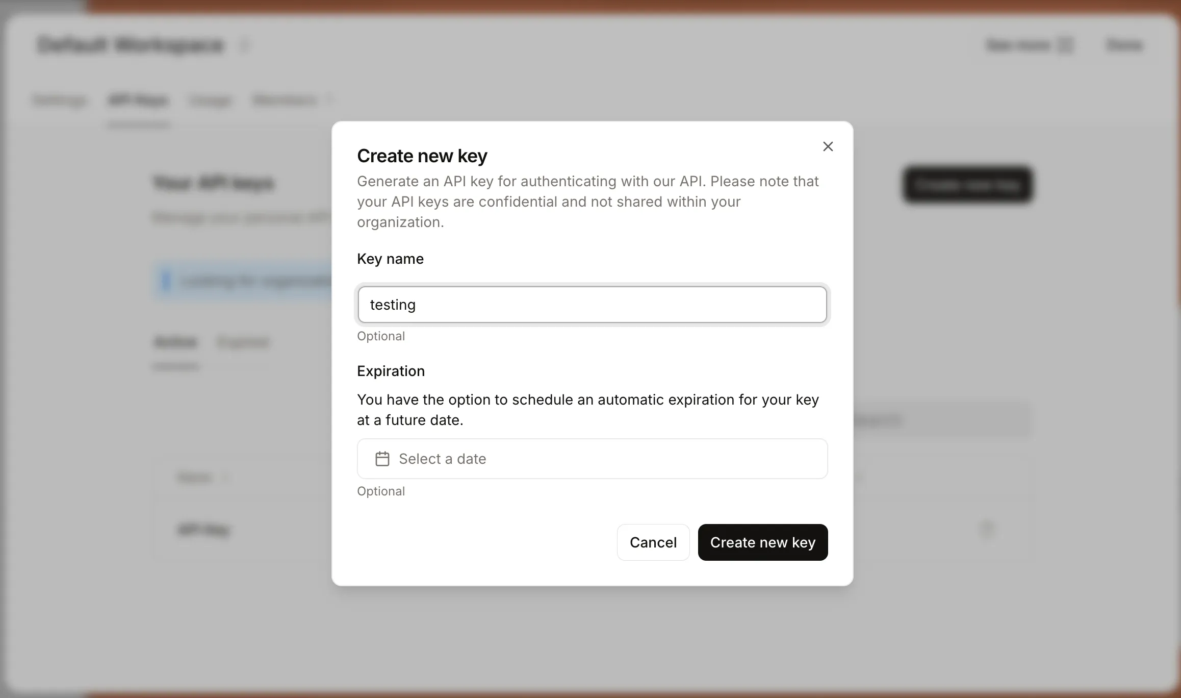 Creating new API Key