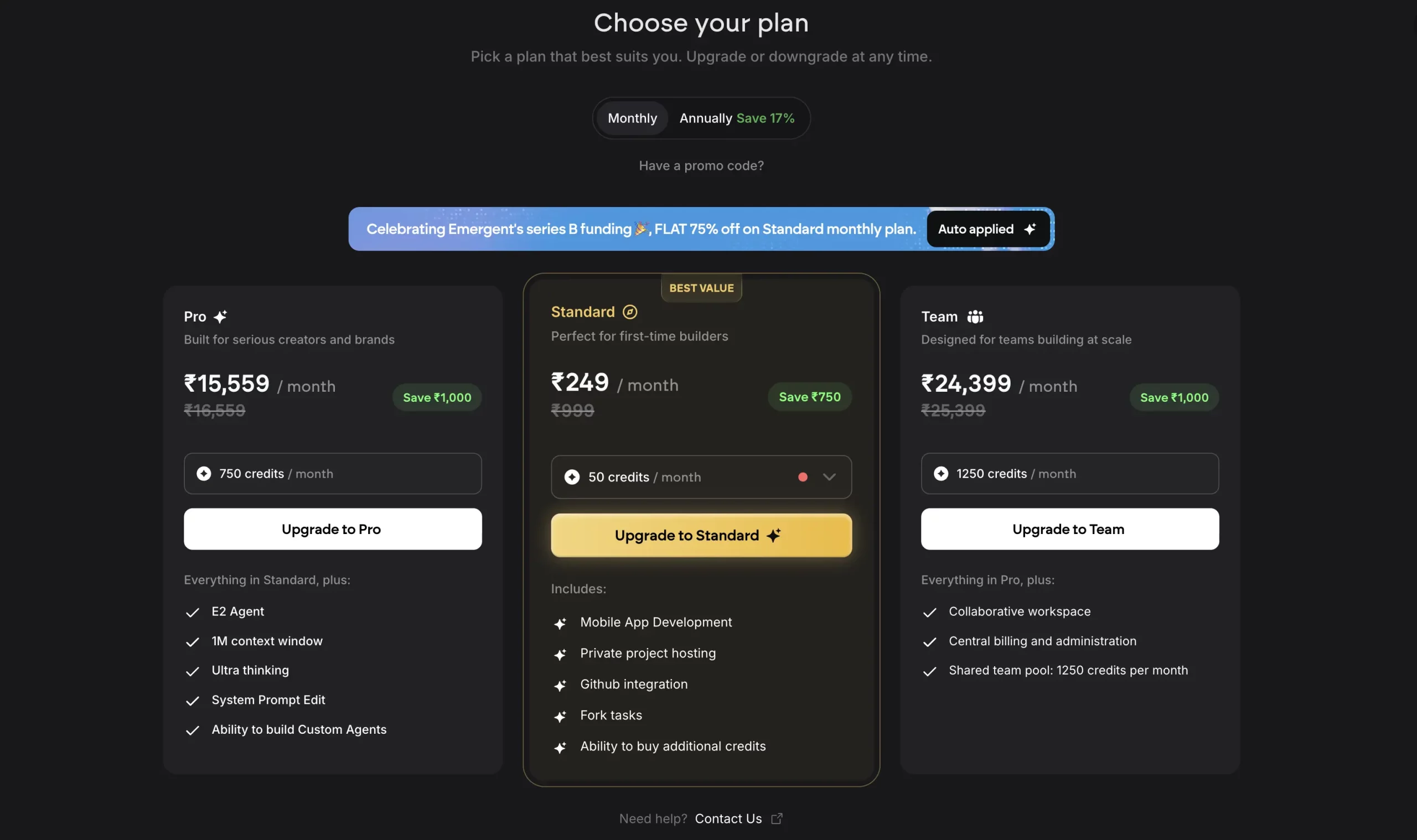 Emergent pricing plans