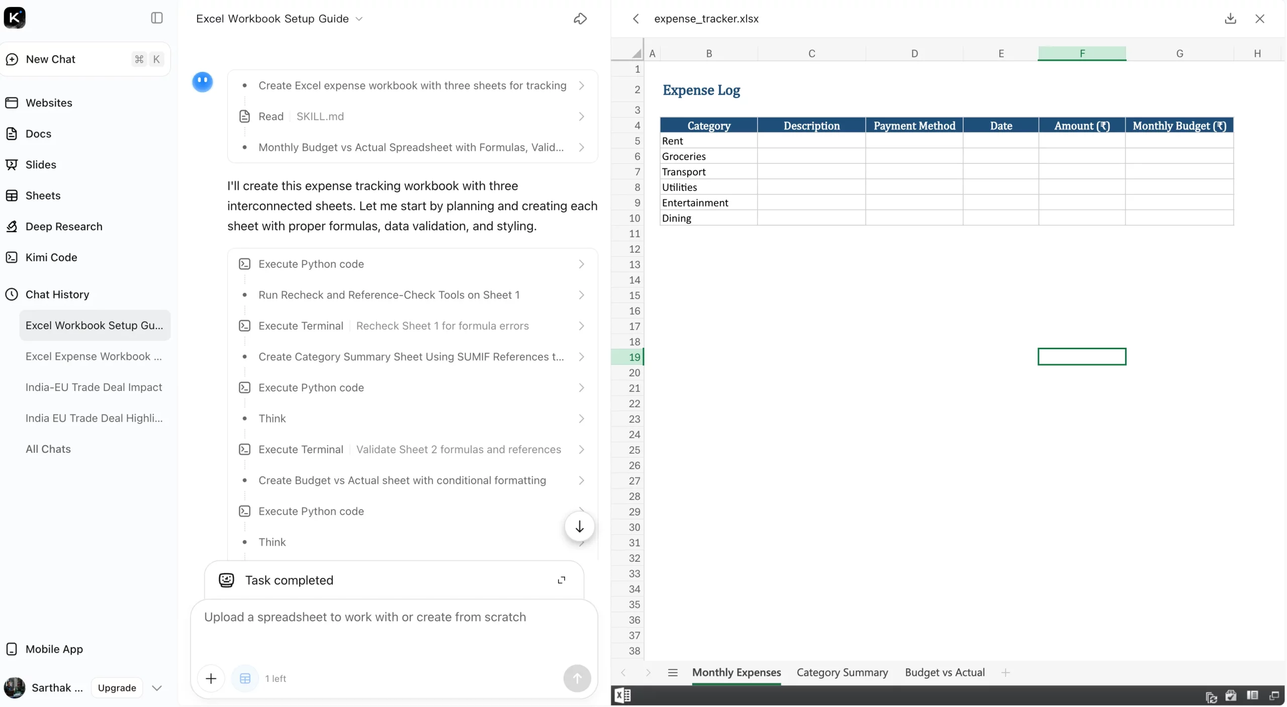 kimi k2.5 expense tracker excel worksheet