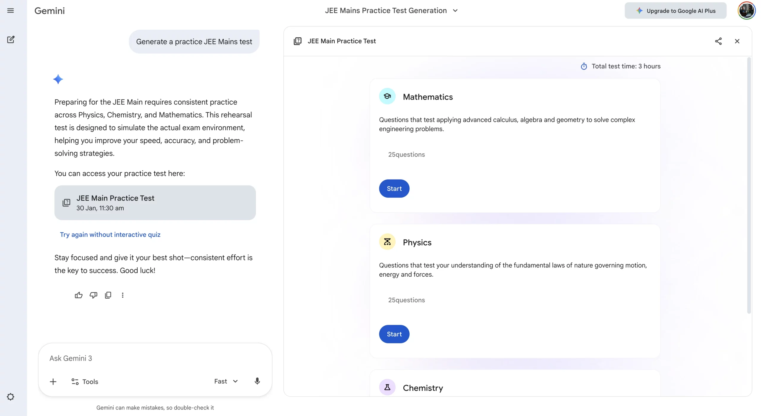 JEE Main Mock Test on Gemini