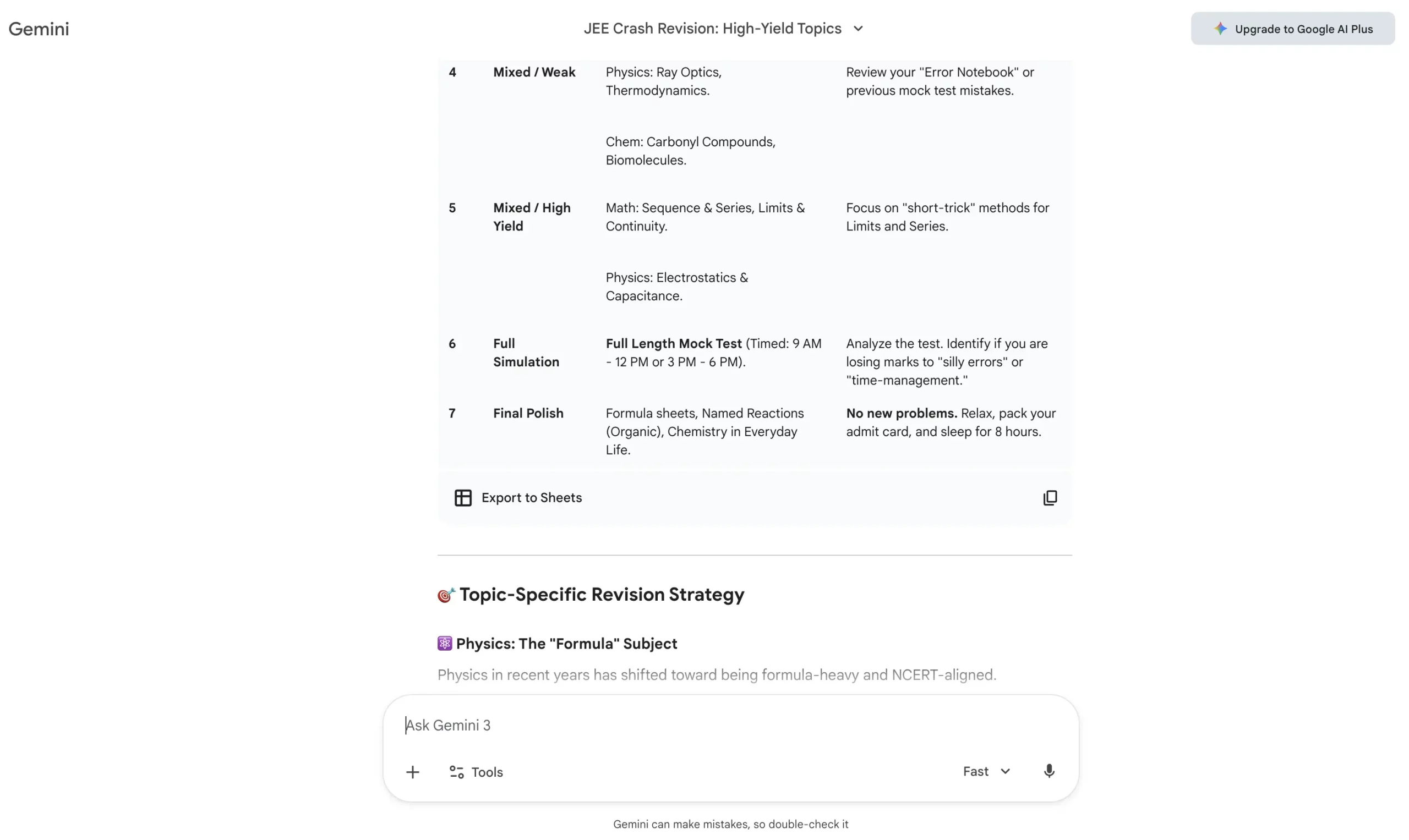last week JEE preparation plan with Gemini