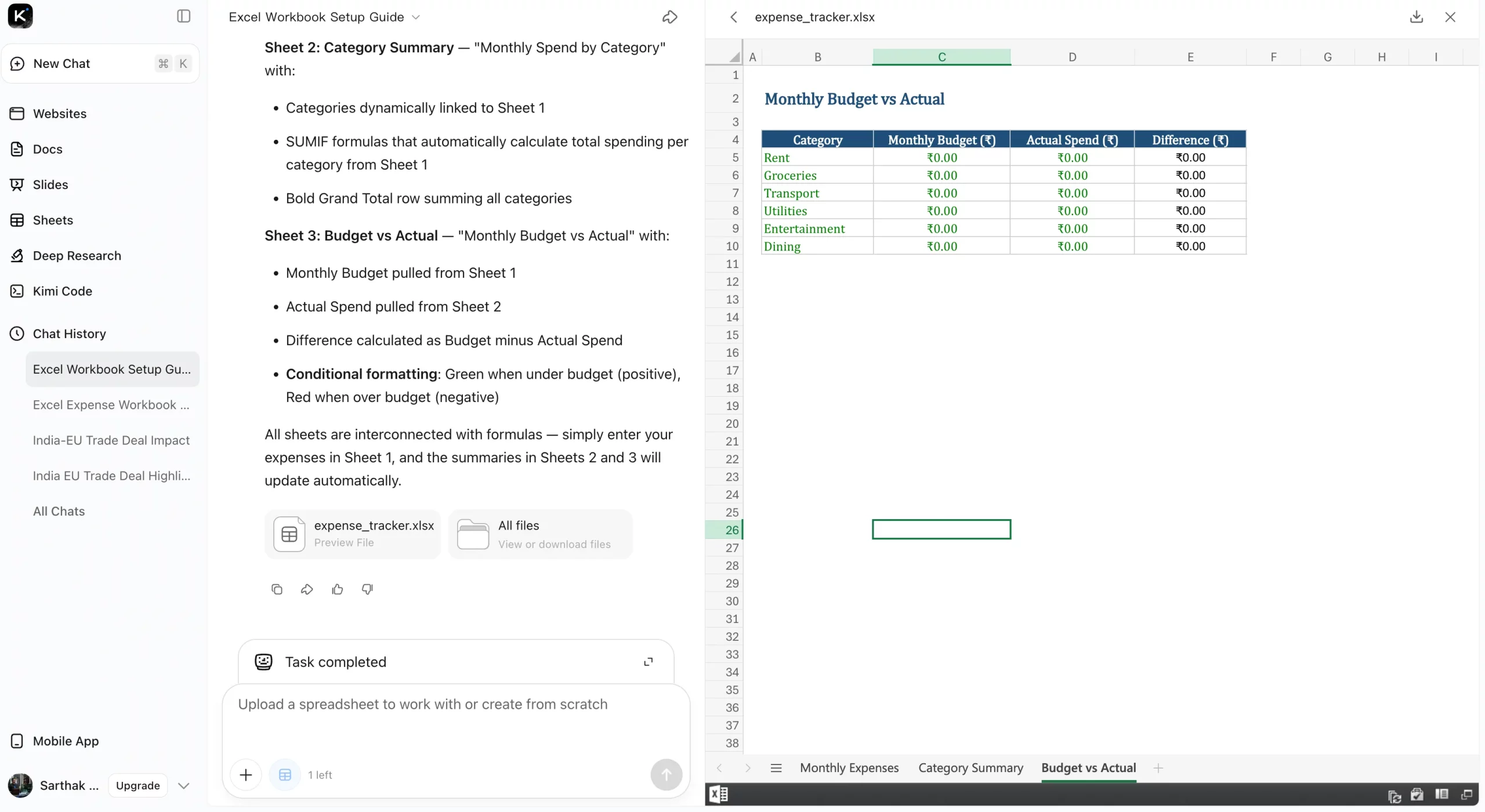 kimi k2.5 expense tracker excel worksheet