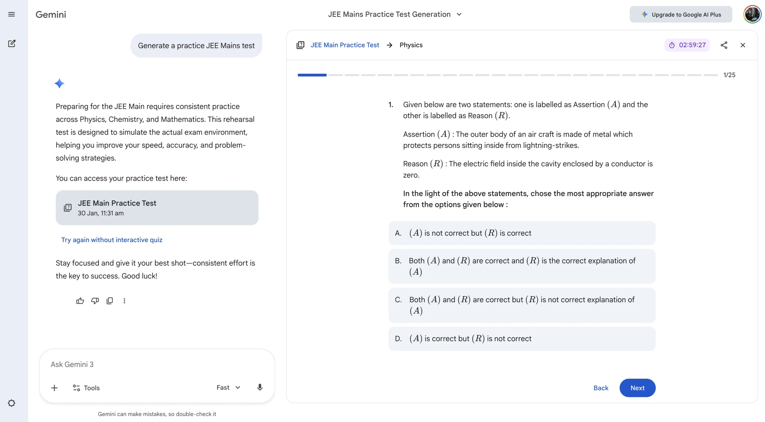 JEE Main Mock Test on Gemini