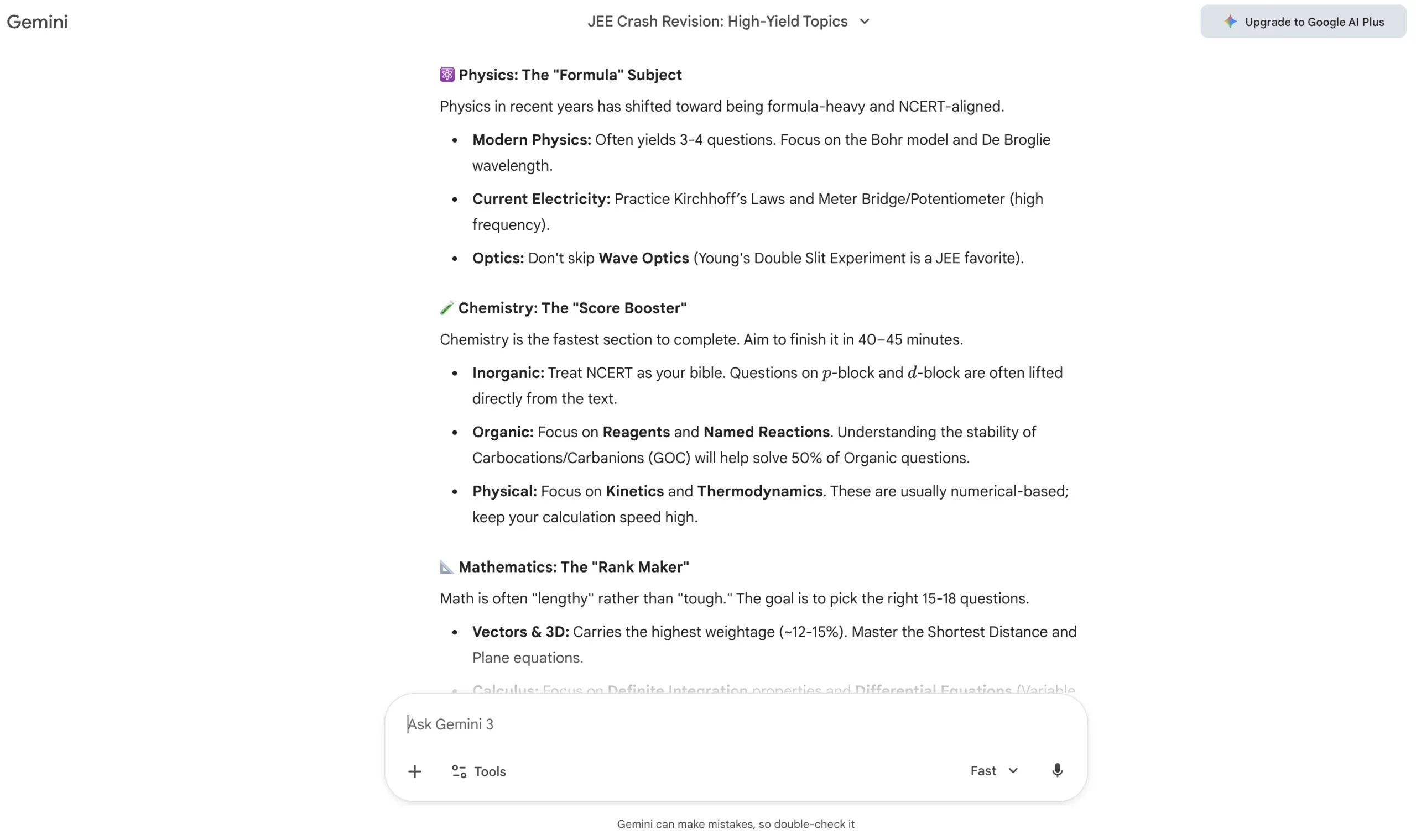 last week JEE preparation plan with Gemini