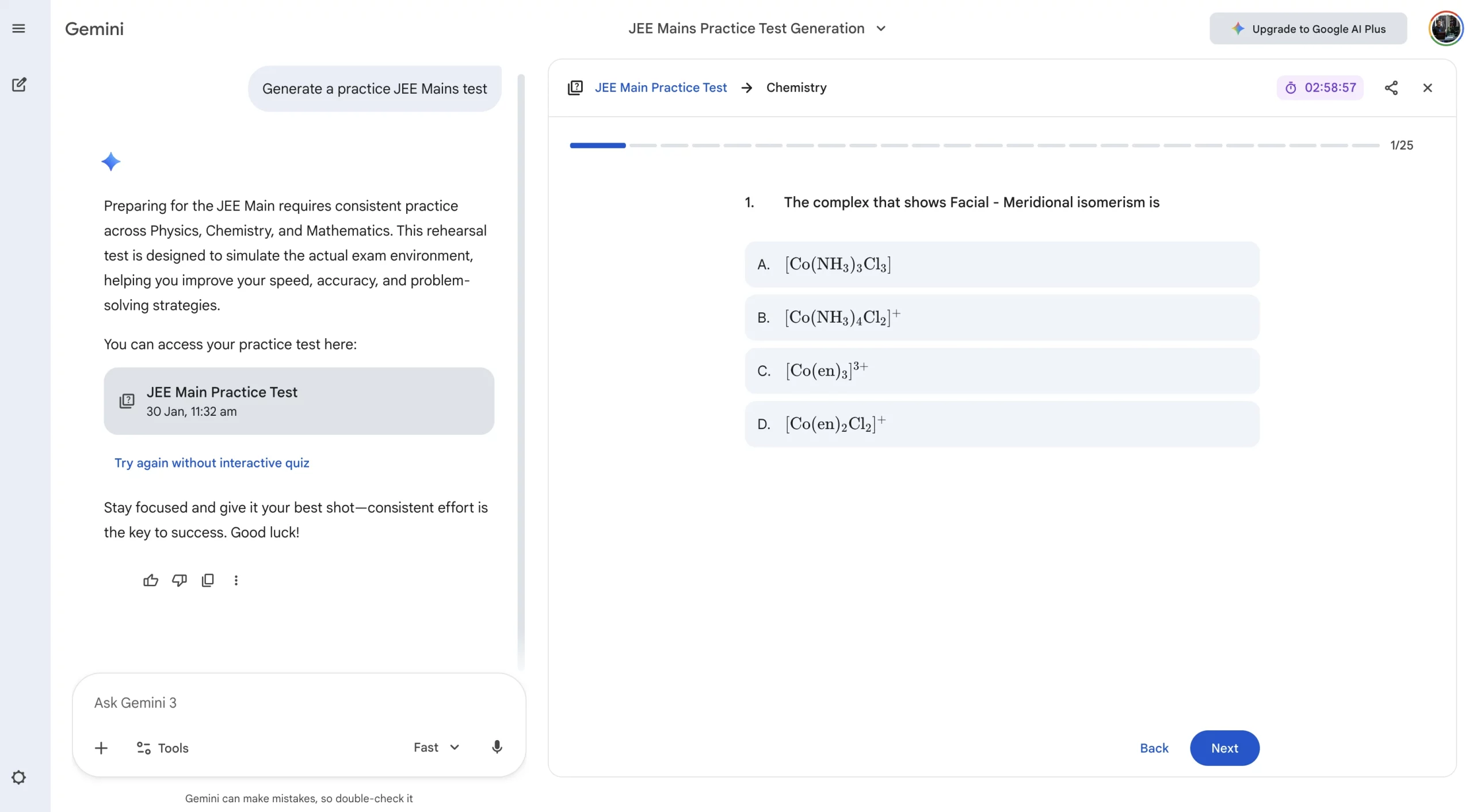 JEE Main Mock Test on Gemini
