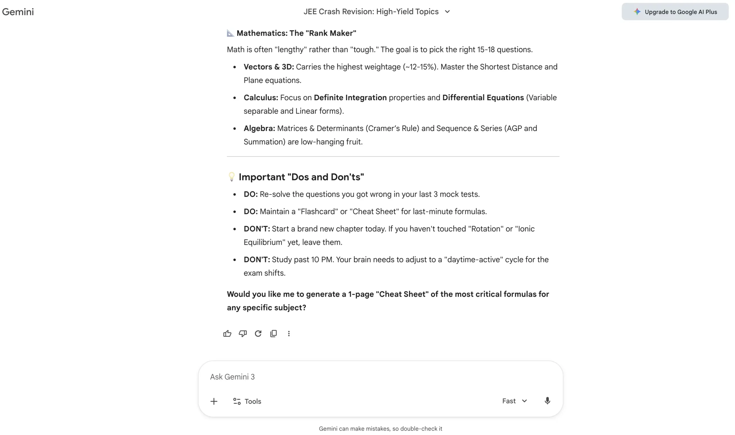 last week JEE preparation plan with Gemini