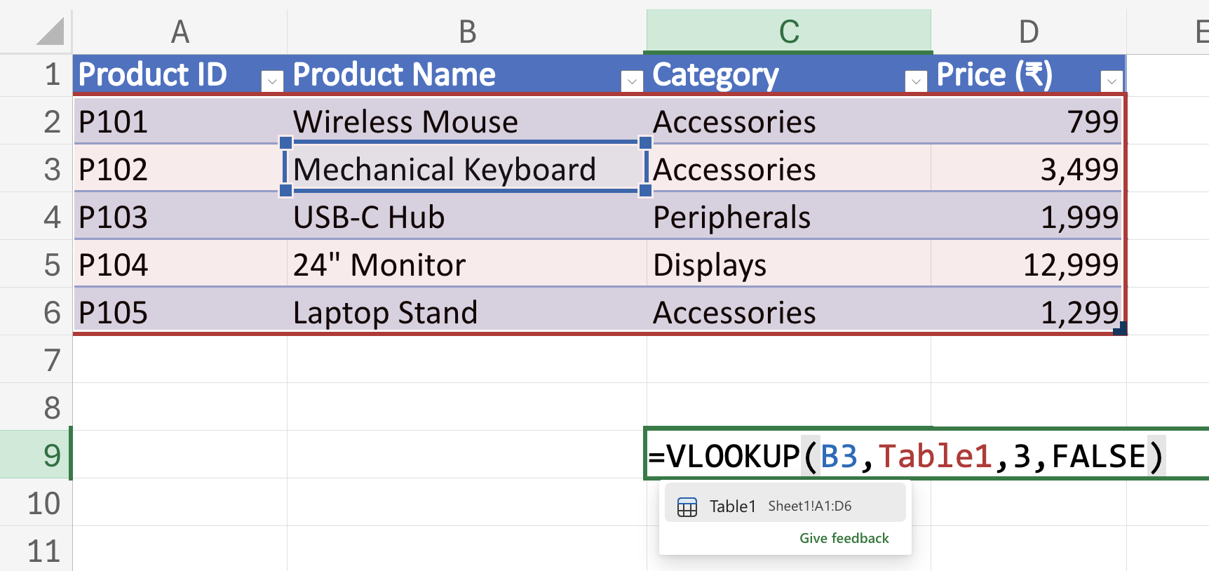 Excel VLOOKUP with Table