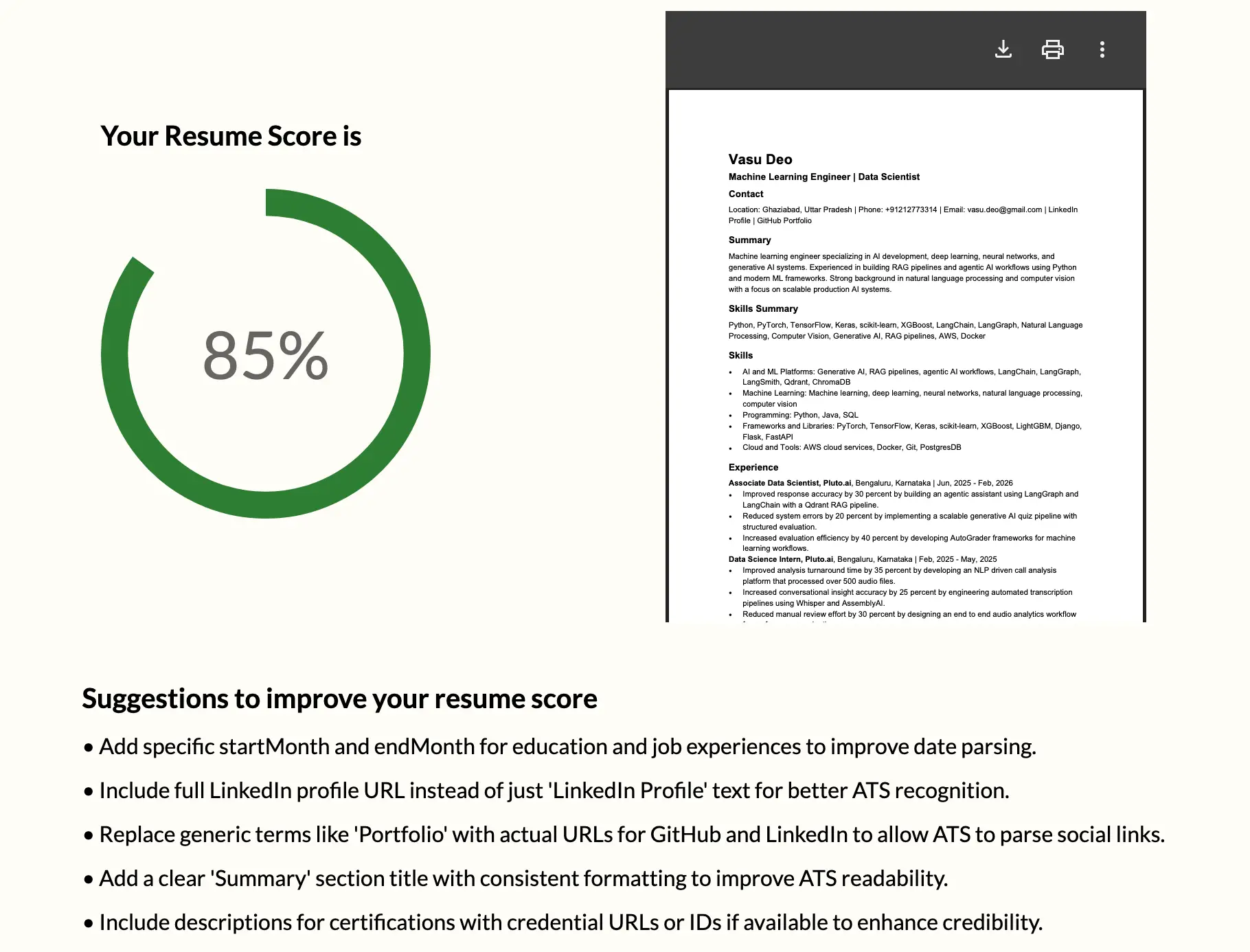 85 ATS score given to the Resume