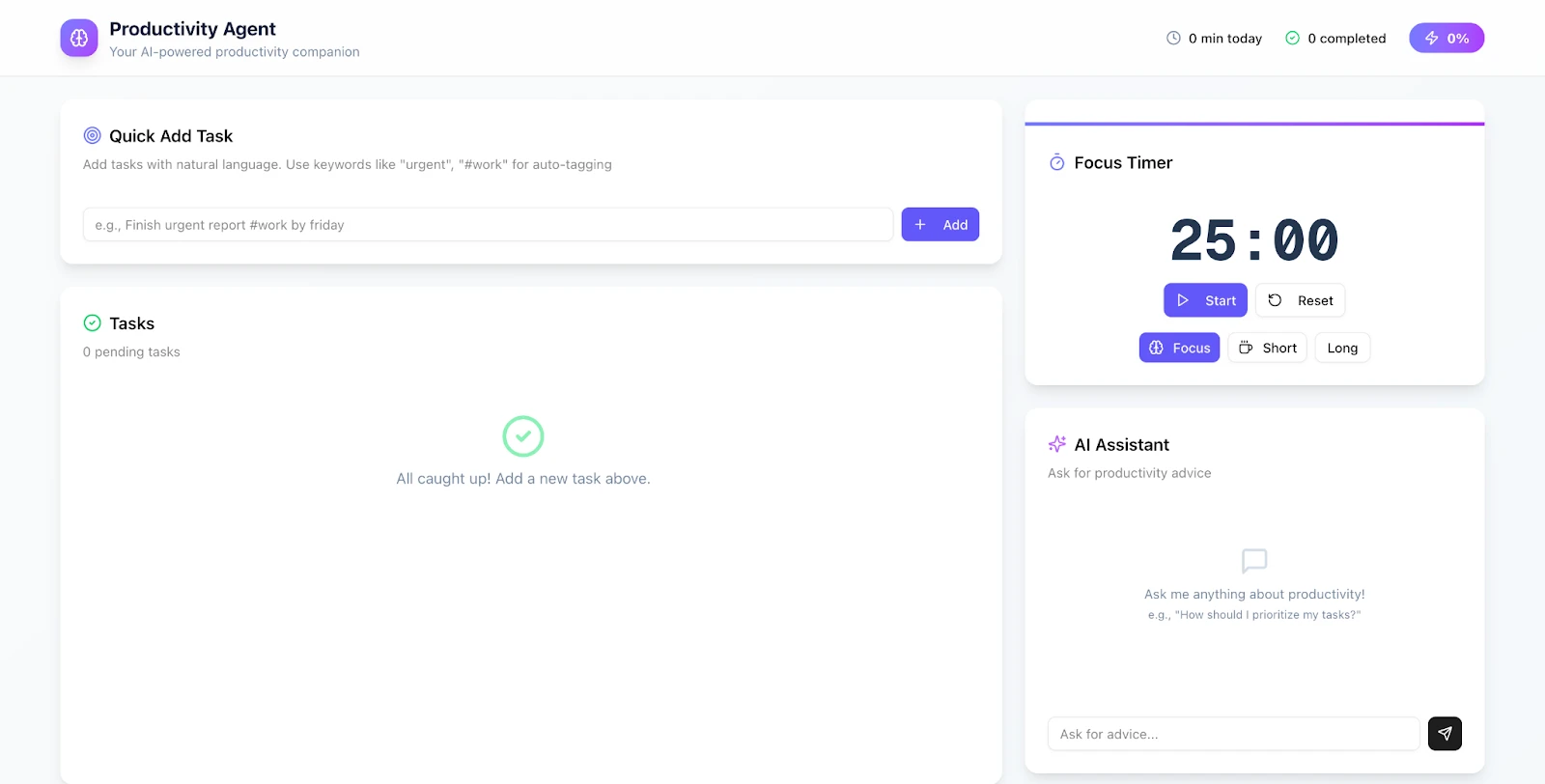 Focus Timer on Productivity Agent on GLM 5