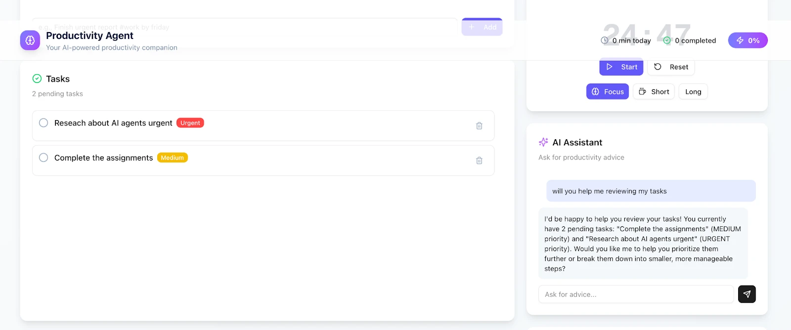 Productivity Agent providing AI Assistance