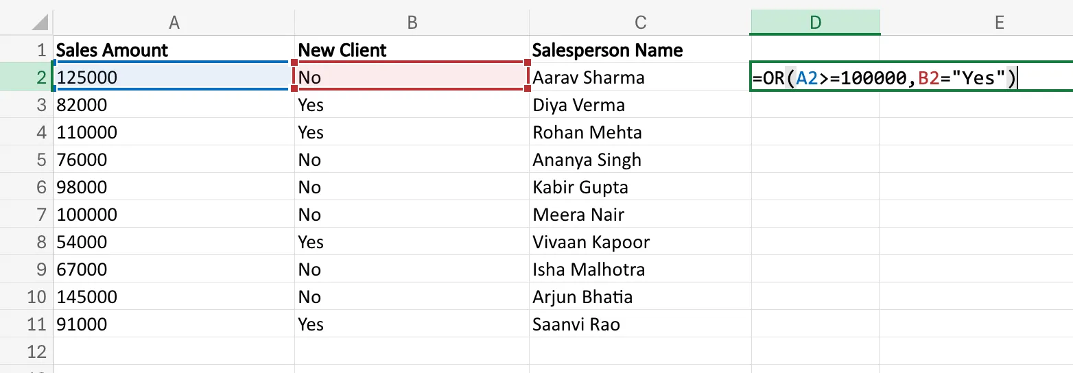 OR Function in Excel