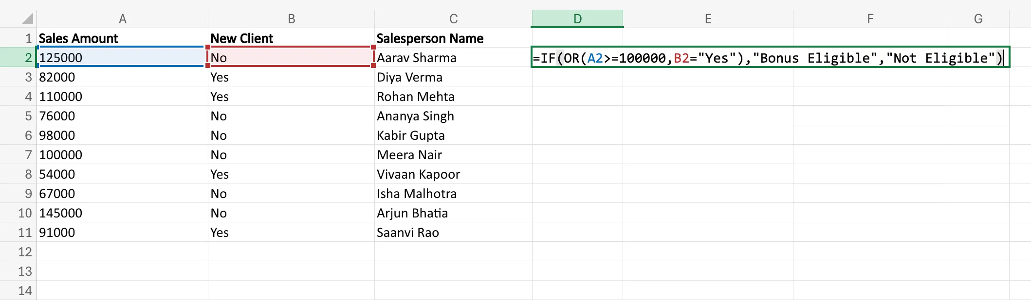 OR Function inside IF function Excel