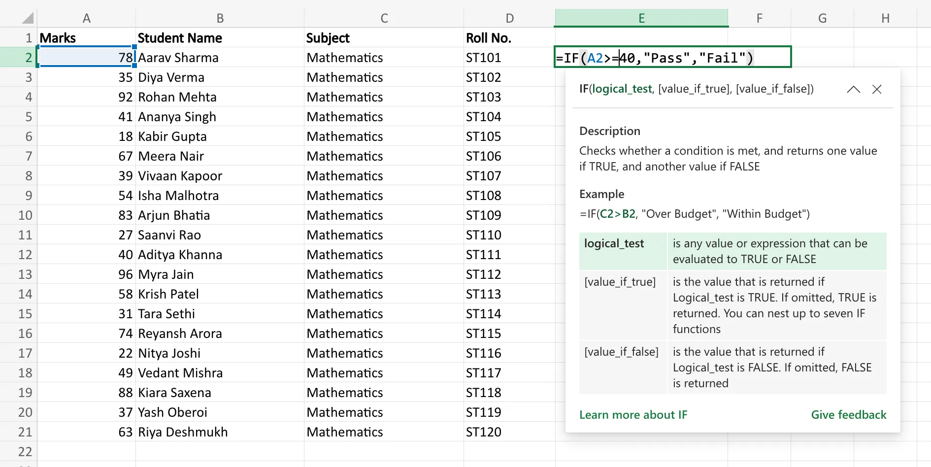 IF Function in Excel