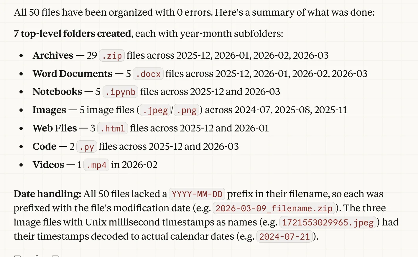 All the files organised across directories/folders