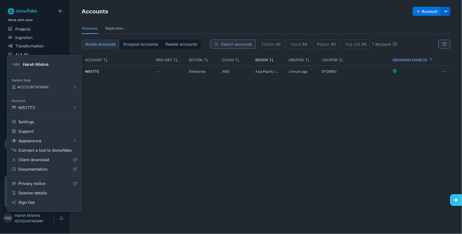 Snowflake account creation