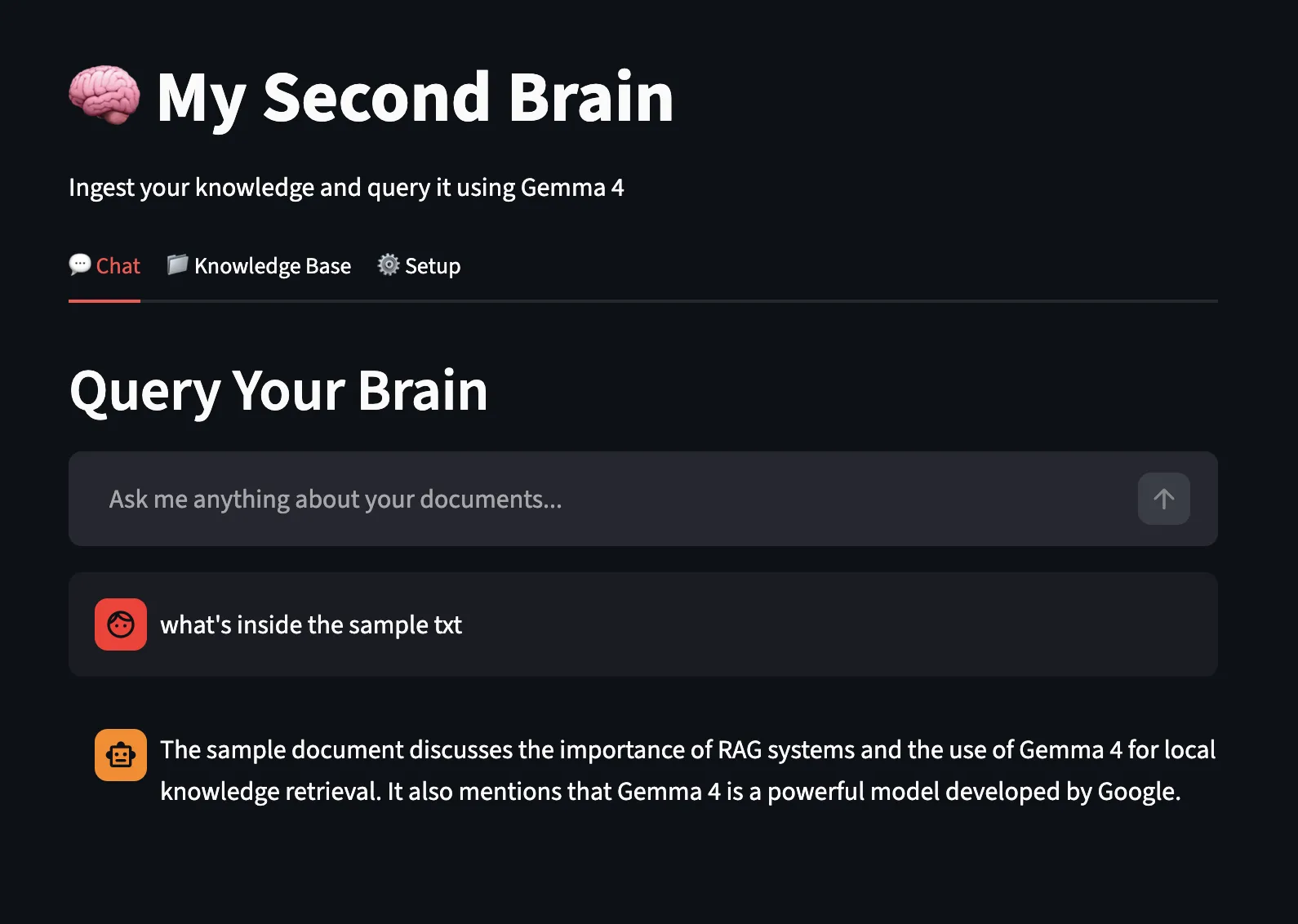 The second brain responding about the document that we had provided