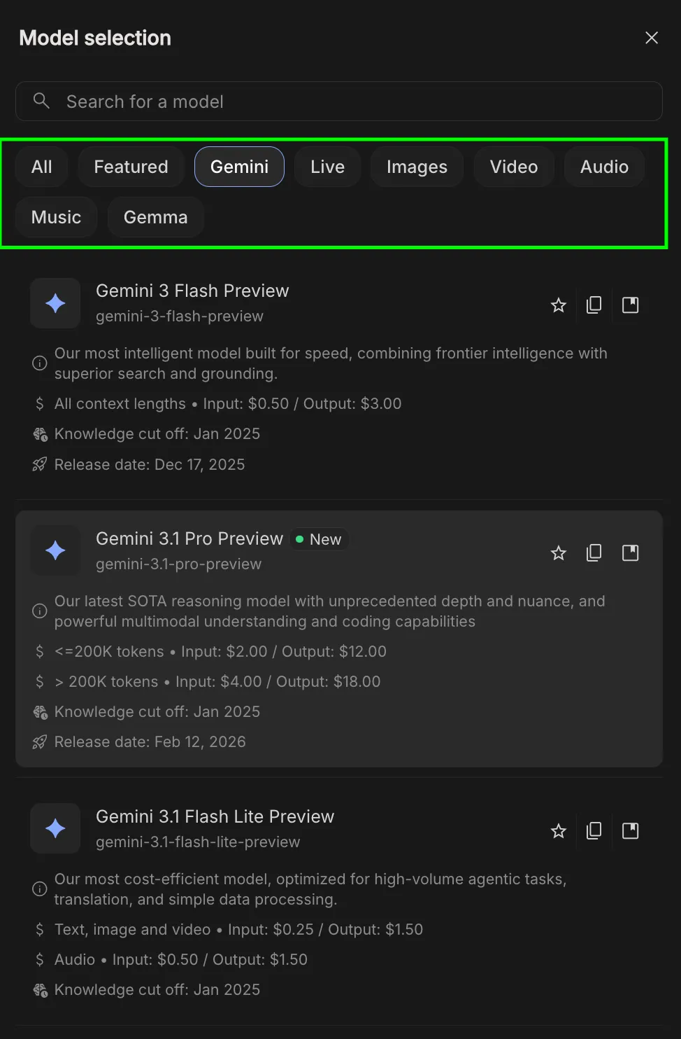 Model Selection Google AI Studio