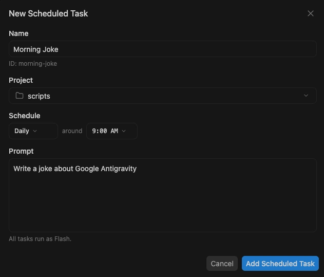 Scheduling a task in Antigravity 2.0