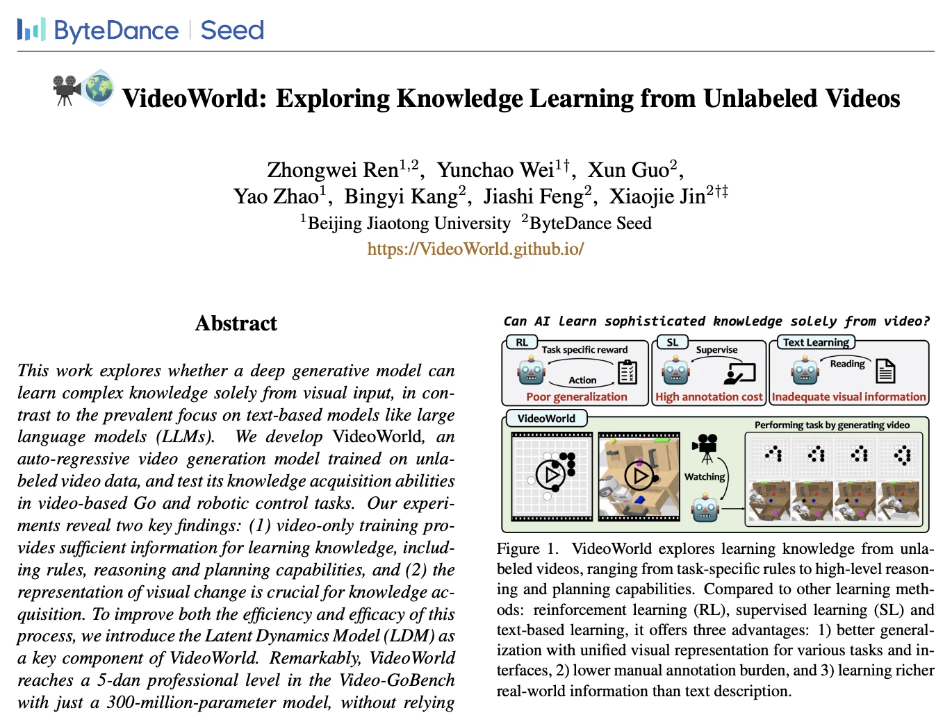 VideoWorld: Exploring Knowledge Learning from Unlabeled Videos paper by ByteDance