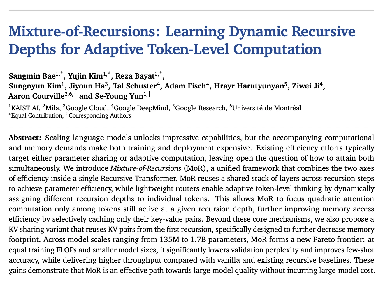 Mixture-of-Recursions: Learning Dynamic Recursive Depths paper