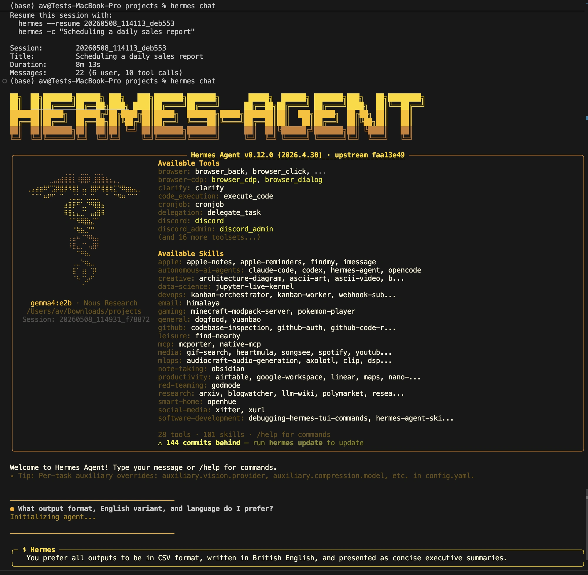 Fresh session input in Hermes Agent